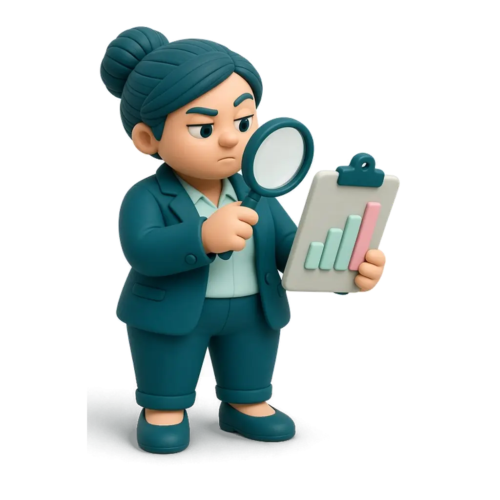 Ilustración de El Auditor: figura de arcilla revisando un gráfico con una lupa y una carpeta.