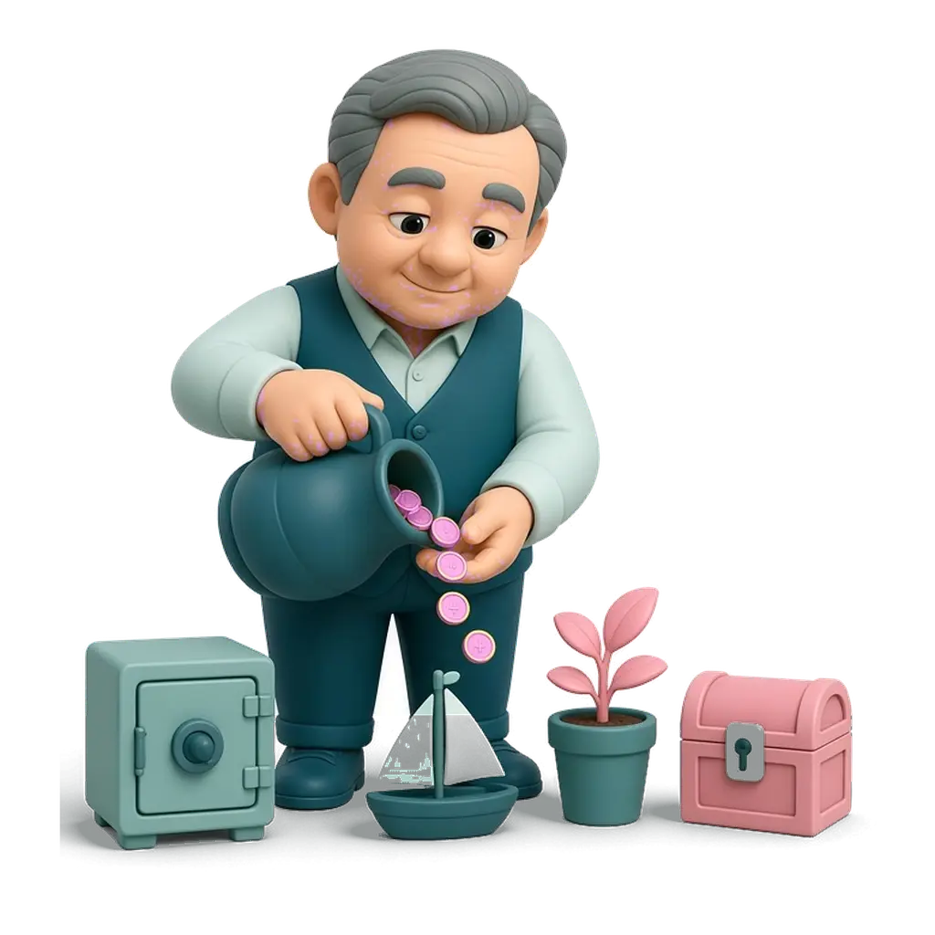 Ilustración de El Asignador: figura de arcilla repartiendo fichas entre una caja fuerte, un barco, una planta y un cofre.
