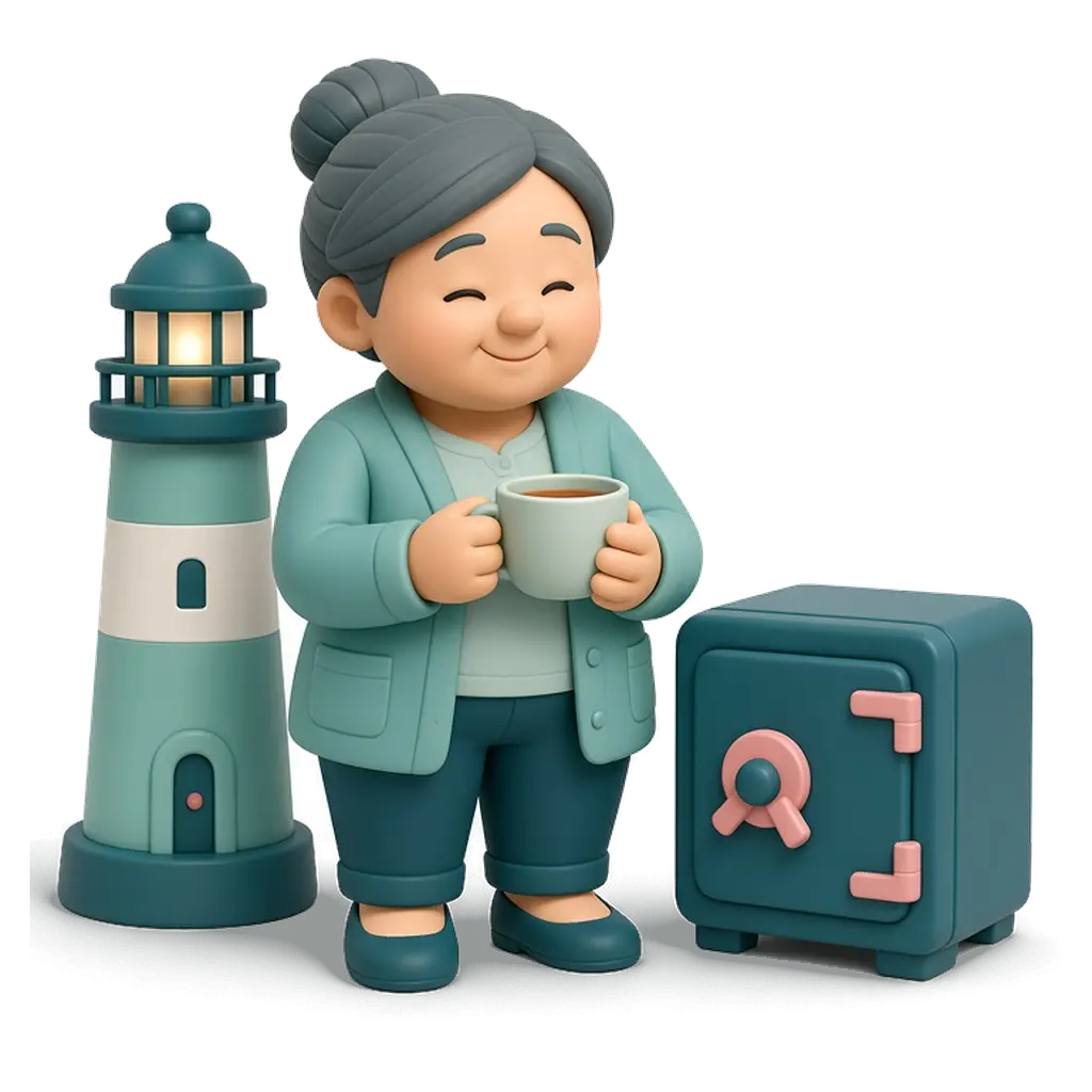 Ilustración de El Custodio: figura de arcilla con una taza, entre un faro y una caja fuerte.