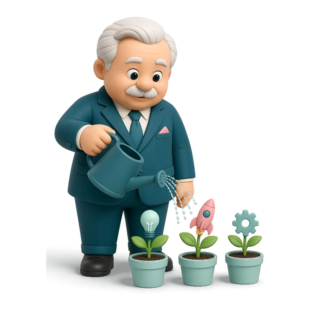Ilustración de El Mecenas: figura de arcilla regando macetas de las que brotan una lámpara, un cohete y un engranaje.
