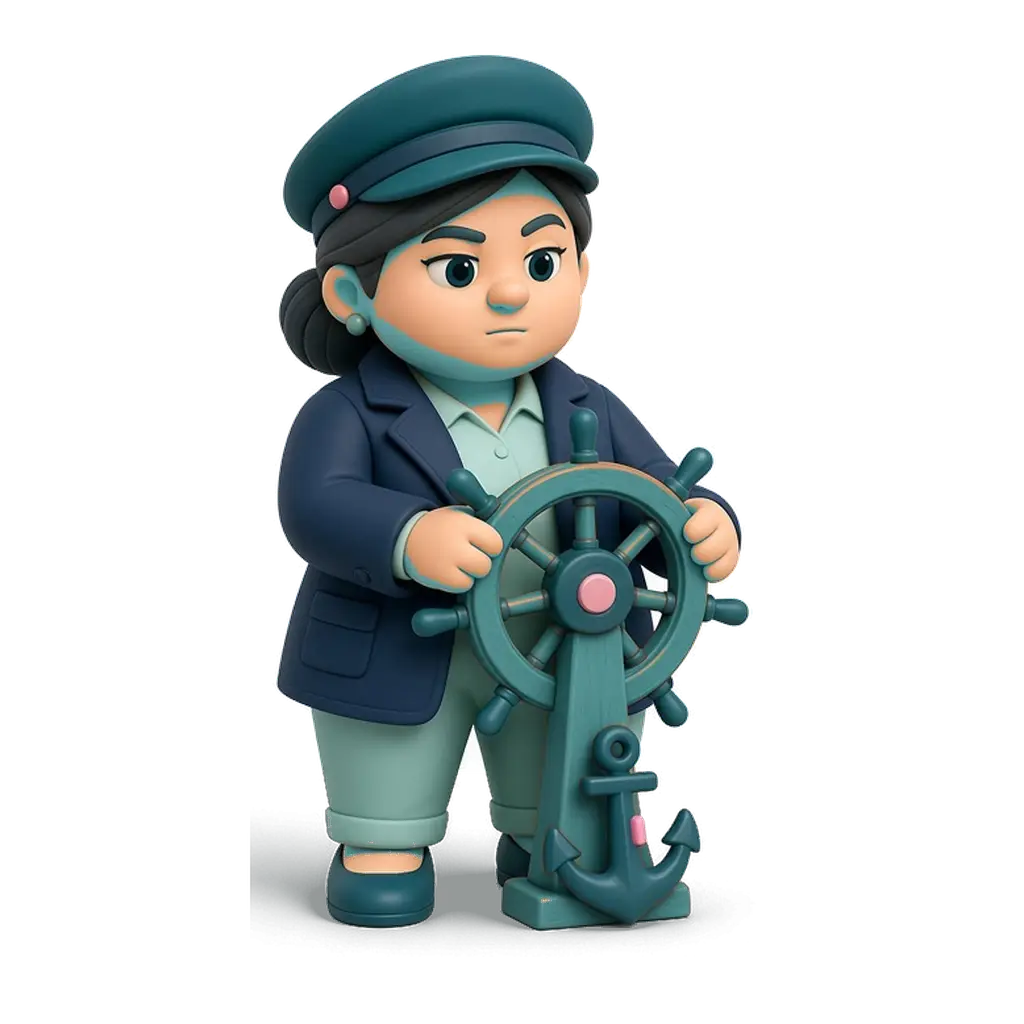 Ilustración de El Capitán: figura de arcilla al timón de un barco, con un ancla.